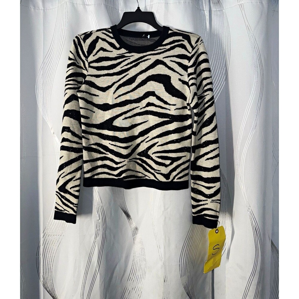 Alice + Olivia Black/Ivory Zebra Print Wool Knit Crewneck Sweater S sample piece